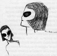 Abductee drawing of an alien-human hybrid woman with a red wig from Sight Unseen by Budd Hopkins and Carol Rainey. 